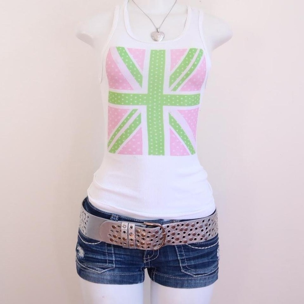 y2k lime pink union jack tank white ribbed baby tee